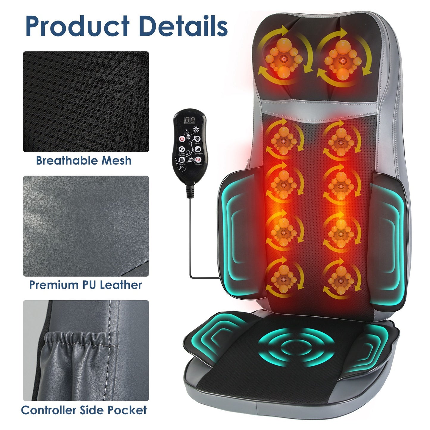 Shiatsu Full Body Massage Chair Pad With Heat 3D Kneading For Home Car Driver Seat