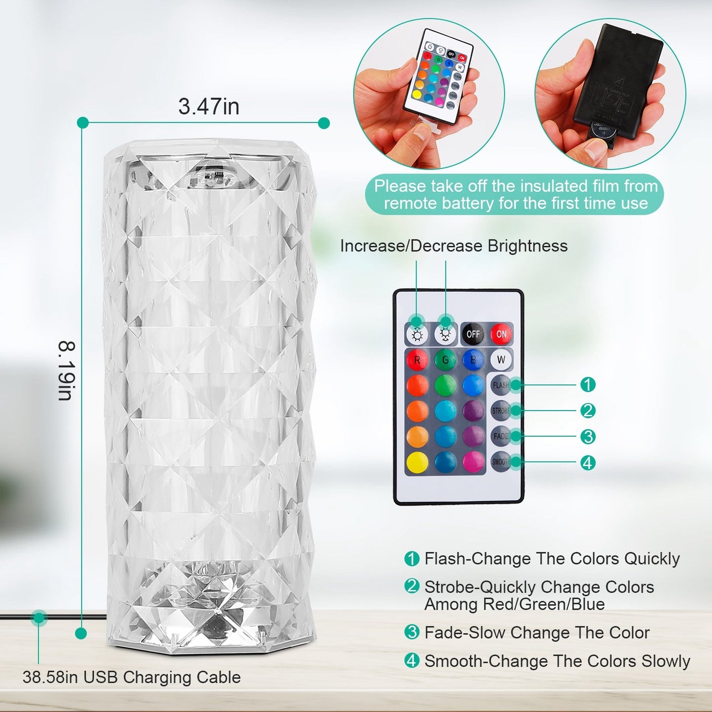 Crystal Diamond Rose Table Lamp Dimmable Remote Touch Control Beside LED Night Light Rechargeable 16 Color Change Atmosphere Bar Lamp