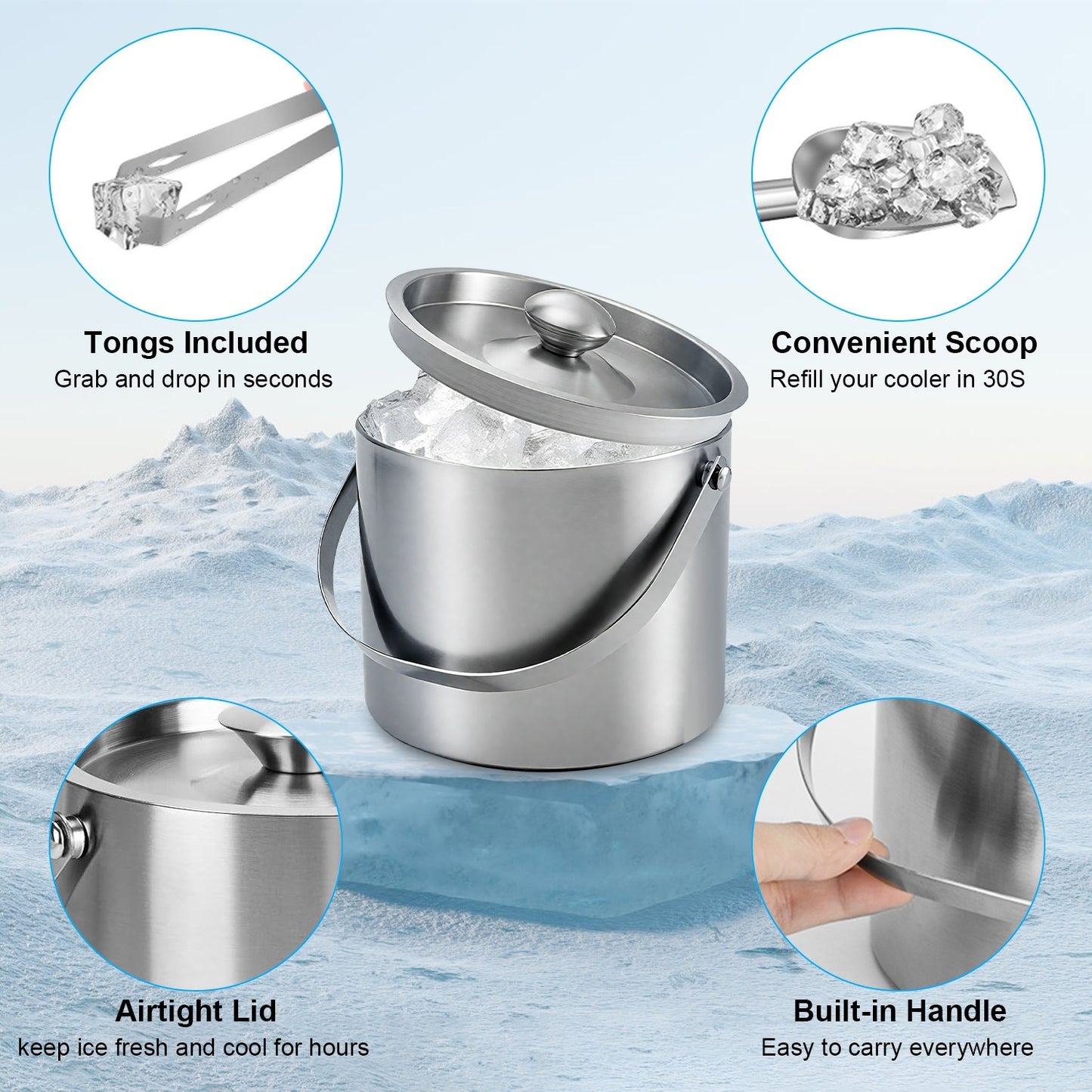 1 Set Double Wall Stainless Steel Insulated Ice Bucket 3L Ice Holder Ice Container With Lid Scoop Strainer Handle For Wine Champagne Beer Parties Cocktails