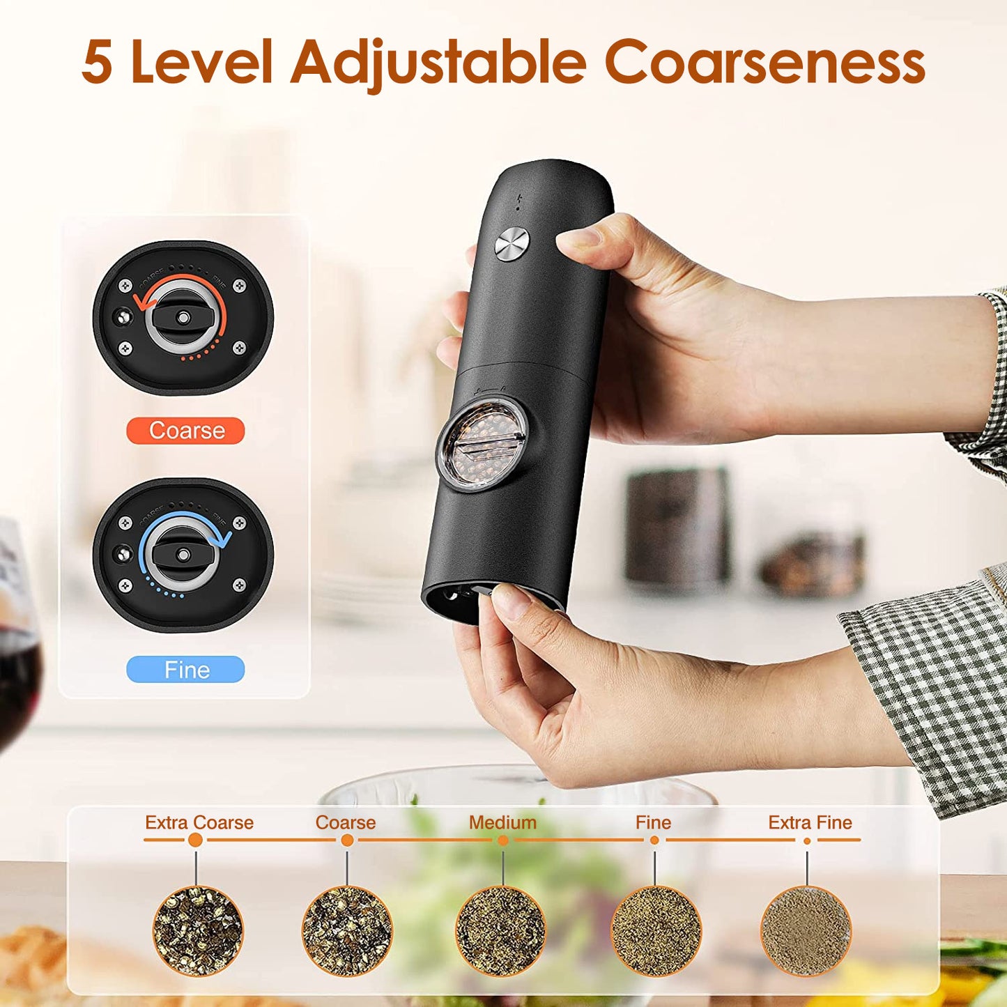 1Pc Electric Salt And Pepper Grinder Rechargeable Charging Base Automatic Salt Mill LED Indicator Adjustable Coarseness One Hand Easy Operation