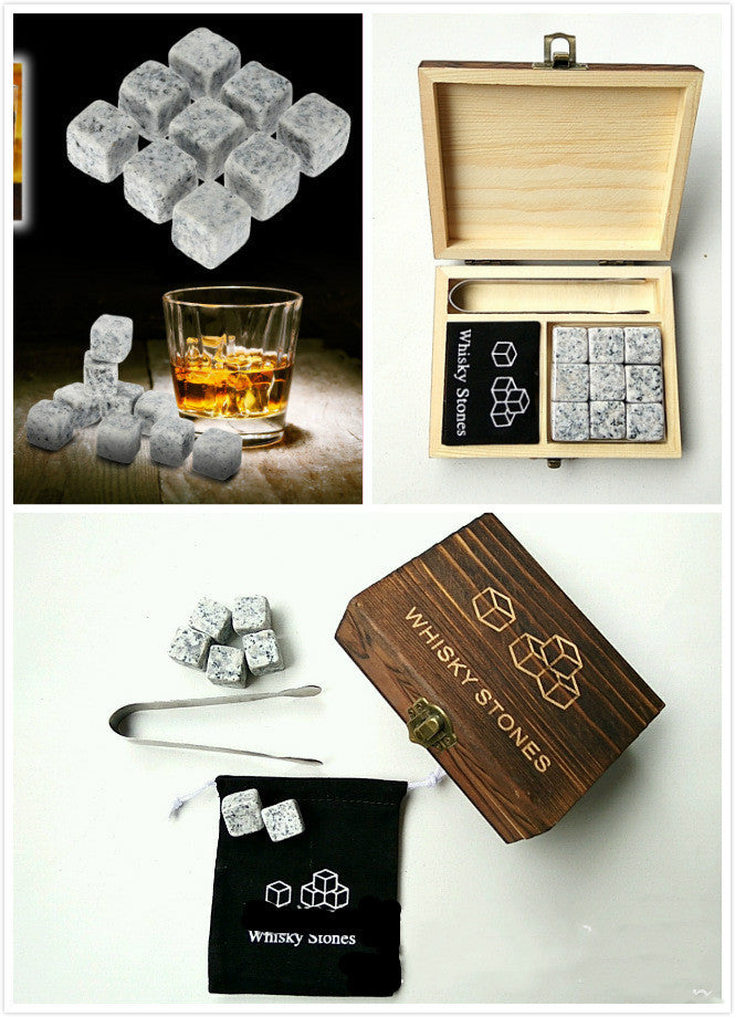 Granite whiskey stones - set of 9 in gift box with bag and tongs