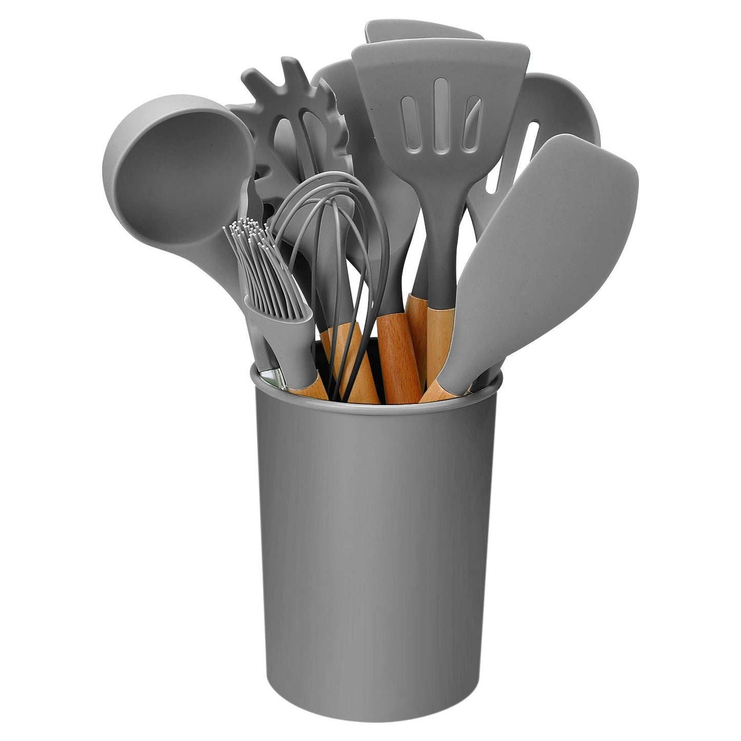 2 Color Options -- Set Of 11Pcs Silicone Cooking Utensil Set Heat Resist Wooden Handle Silicone Spatula Turner Ladle Spaghetti Server Tongs Spoon Egg Kitchenware Set With Holder