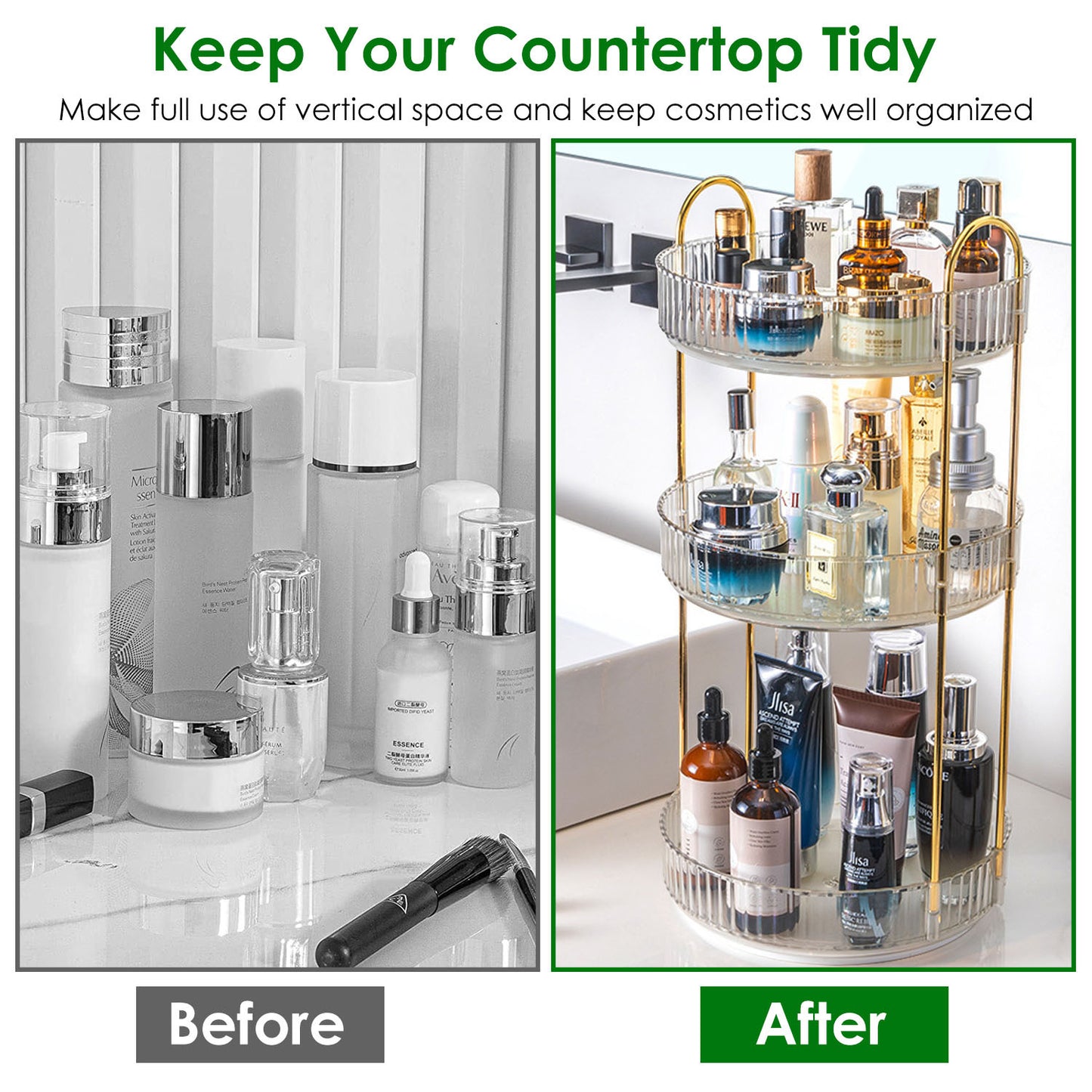 1 Set  3 Tier Rotating Makeup Organizer 360 Degree Spinning Perfume Cosmetic Storage Tray 55LBS Load Countertop Shelves For Lotion Lipstick