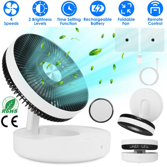 Foldable Rechargeable LED Desk Fan Wall Mounted Fan With Magnetic Remote Hanging Oscillating Fan With 4 Speeds 2 Brightness Time Setting Automatic Rotation