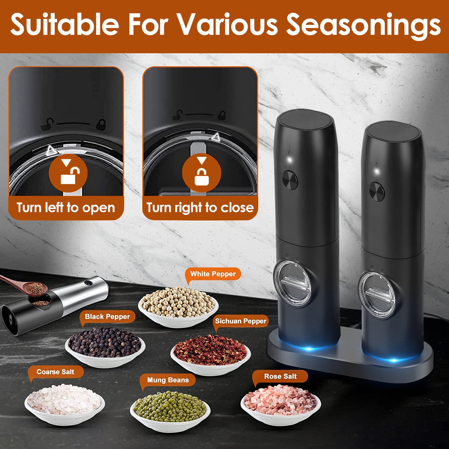 1Pc Electric Salt And Pepper Grinder Rechargeable Charging Base Automatic Salt Mill LED Indicator Adjustable Coarseness One Hand Easy Operation