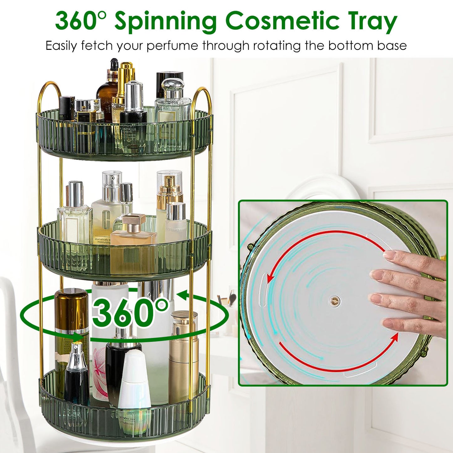1 Set  3 Tier Rotating Makeup Organizer 360 Degree Spinning Perfume Cosmetic Storage Tray 55LBS Load Countertop Shelves For Lotion Lipstick